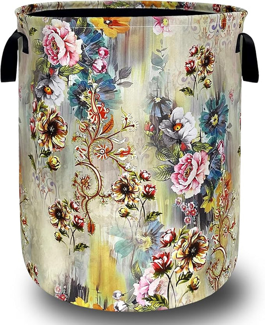 Beautiful Floral Laundry Basket Oxford Cloth Hamper 18.9"x16.5" | Colorful Flower Laundry Hamper With Handle Foldable Clothes Storage Funny Laundry Bag For Laundry Room/Bedroom/Bathrooms