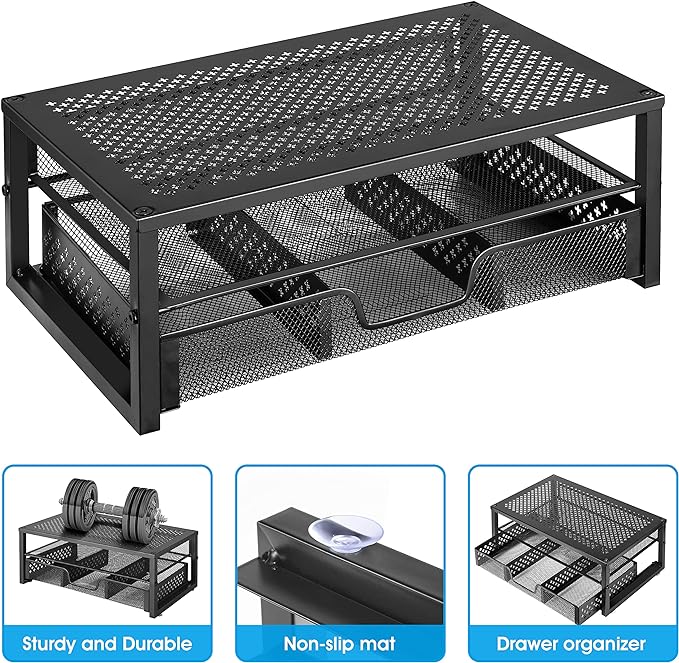 Simple Trending Metal Monitor Stand Riser and Computer Desk Organizer with Drawer for Laptop, Computer, iMac, Black | 16"W x 10"D x 6.25"H. Sturdy Metal Frame. 2-tier + drawer. Holds 66 lbs. Anti-slip. Fits laptop, monitor, iMac. Easy assembly