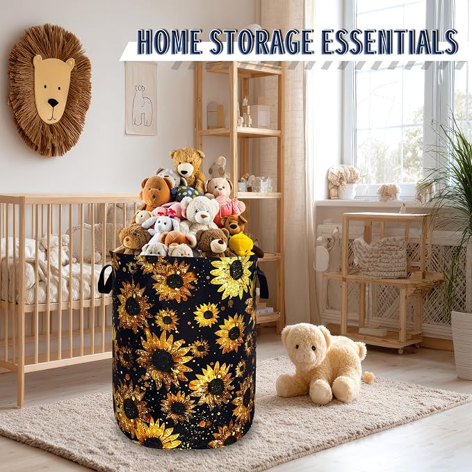Beautiful Sunflower Laundry Basket Foldable Oxford Cloth Yellow Floral Laundry Hamper With Handle Portable Clothes Storage Organizer Basket 18.9"x16.5" Storage Bag For Laundry Room/Bathroom/Bedroom
