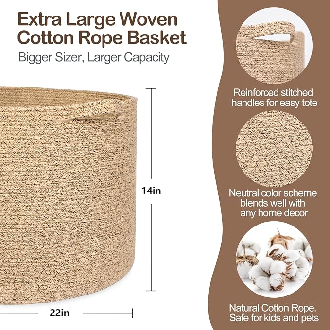 MEGASKET Extra Large Storage Basket, 22”x14” Woven Cotton Rope Basket, Big Kids Dog Floor Toy Bin, XXL Blanket Pillow Holder for Living Room Bedroom, Brown Variegated Round Baskets for Organizing