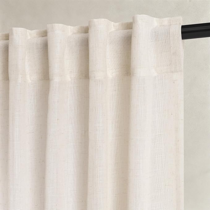 Hokibero Cream Linen Curtains 90 Inches Long for Living Room 2 Panels | Light Filtering Semi Sheer Curtain, Back Tab Rod Pocket Pleated Look, Beige Window Drapes for Bedroom Privacy, Boho Farmhouse