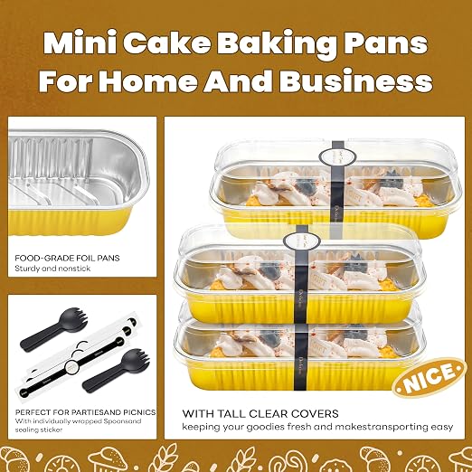 100 Pack Mini Cake Pans with Lids and Spoons, Rectangular Aluminum Foil Bread Pans, Mini Loaf Pans and Food Containers with Lids for Graduation Gifts Party Favors(Gold, 6.8oz)