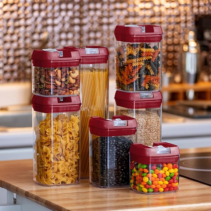 Set of 7 Airtight Food Storage Containers - Pantry Organizer Bins, BPA Free Plastic Containers plus Dry Erase Marker and Labels, Red