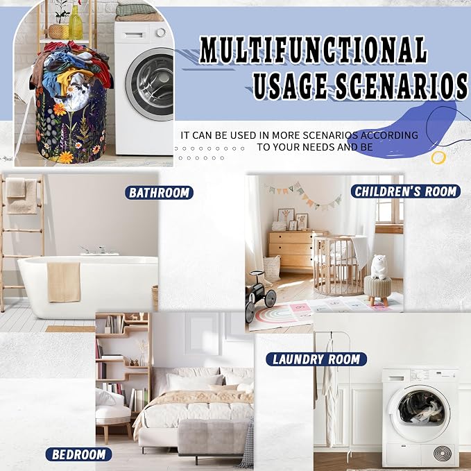 Moon Flowers Laundry Basket Oxford Cloth Hamper18.9"x16.5" | Floral Laundry Hamper With Handle Foldable Clothes Storage Basket Moon Laundry Bag For Laundry Room/Bedroom/Bathrooms