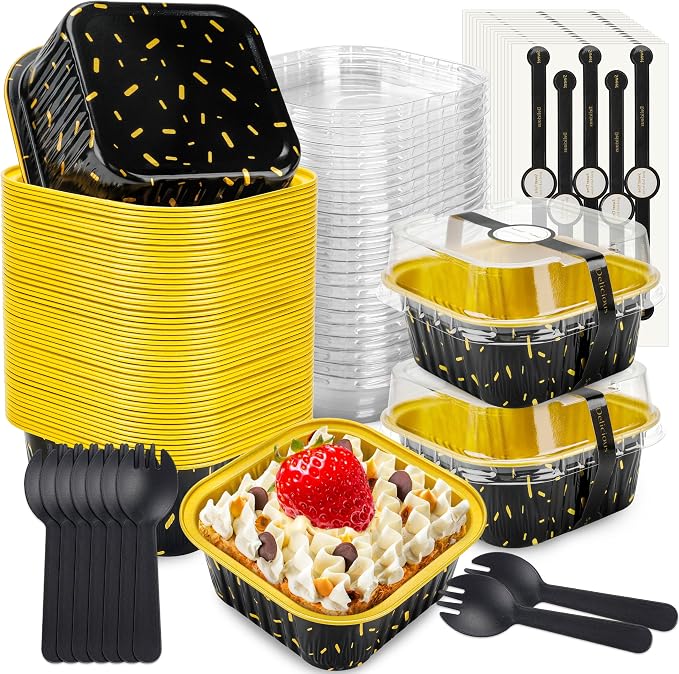 NPLUX 50 Pack Mini Cake Pans with Lids and Spoons Aluminum Foil Pans Square Cake Tins for Bakery Party Wedding, Graduation Gifts Party Favors (Black Gold Spot,5 oz)