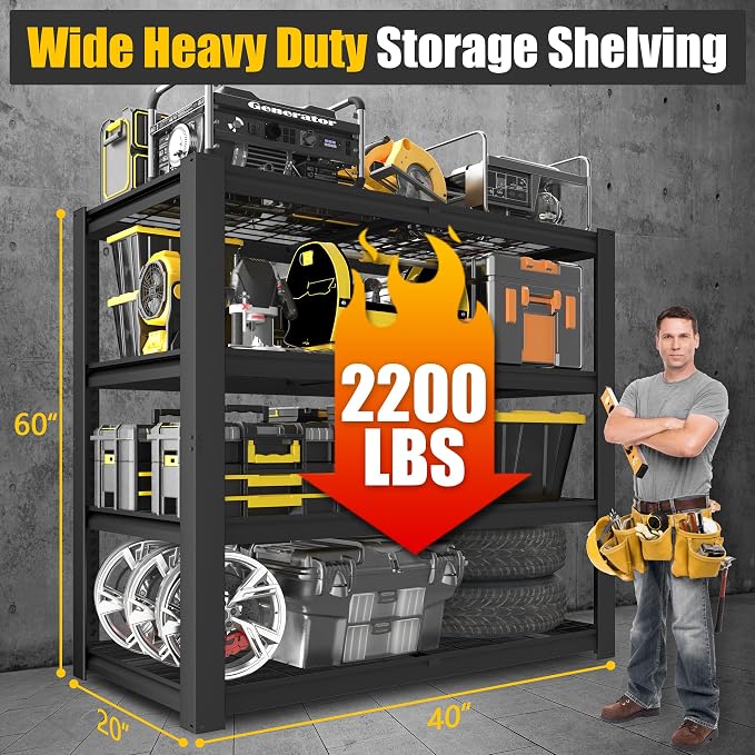 PrimeZone 40" W Heavy Duty Garage Shelving 2200 LBS 4 Tier Storage Shelves Adjustable Industrial Metal Wire Shelf Utility Rack for Garage,Basement,Pantry,Warehouse,Commercial,40" WX20 DX60 H 6Pack