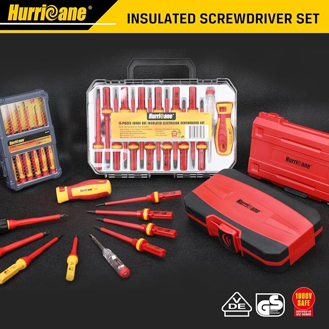 HURRICANE 13 Piece 1000V Insulated Electrician Screwdriver Set, Cr-V Magnetic Tip. 4 slotted, 2 Phillips, 2 Pozidriv, 3 Torx, 1 Electroprobe, and 1 handle. Ideal for Professional & Home Repair