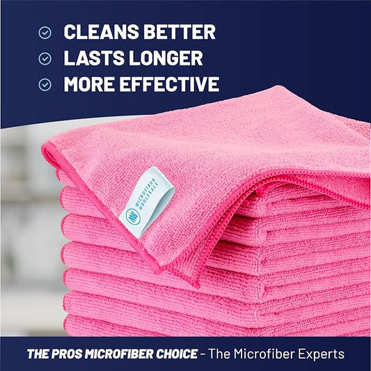MW Pro Pink Microfiber Cleaning Cloths – 12 Pack, 16" x 16" – Premium Professional-Grade Pink Towels Built for Cleaning Pros, Hotels, Interiors & Home – Stays Pink, All-Purpose, Streak-Free
