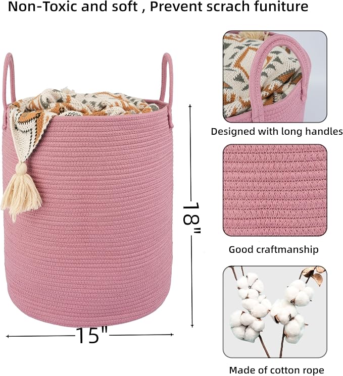 XUANGUO Cotton Rope Laundry Basket Hamper for Clothes, grape purple | Woven Storage Basket for Living Room Bedroom Boho Tall Rope Baskets for Blanket Toys Pillow Towels Baby Nursery Hamper Bin