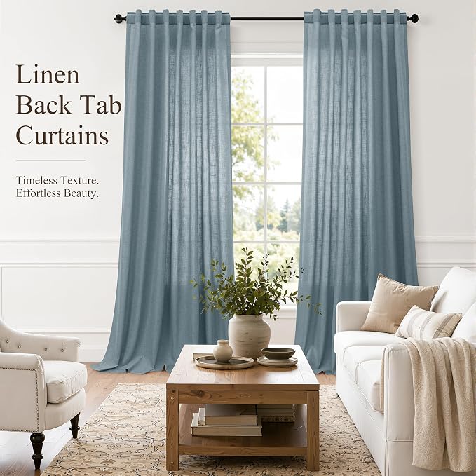 Hokibero Blue Linen Curtains 102 Inches Long Drape for Living Room 2 Panels | Light Filtering Sheer Curtain, Back Tab Rod Pocket Pleated Look, Dusty Blue Privacy Drapes for Bedroom Window, Boho Farmhouse