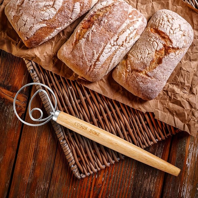 2 Pack Danish Dough Whisk Hook Sourdough Bread Baking Supplies Starter Kit | 13.5 Inches; Quick Hand Mixing Tool; Wooden Handle Stainless Steel Loop; Easy Clean; Diswasher Safe; for Batter Pastry Flour