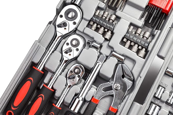 CARTMAN 205-Piece Ratchet Wrench Tool Set, SAE/Metric Socket Kit Carry Case | Professional ratchet wrench and socket assortment for car jobs, mechanics, DIY projects, home fixes, and general maintenance.