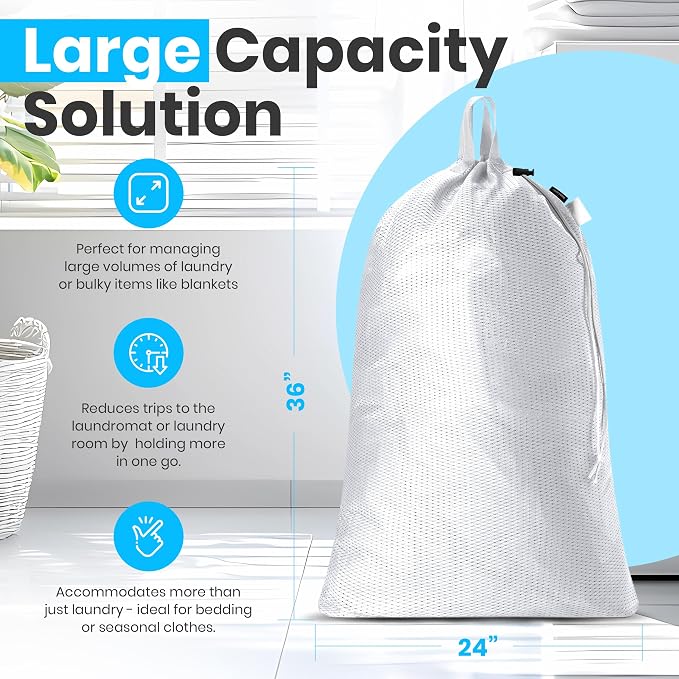 Handy Laundry Mesh XL Laundry Bag 24"x36" with Shoulder Strap, White | XL 24x36 Mesh Laundry Bag, Handles & Shoulder Strap, Breathable, Machine Washable, Dorm Travel Bedding, White