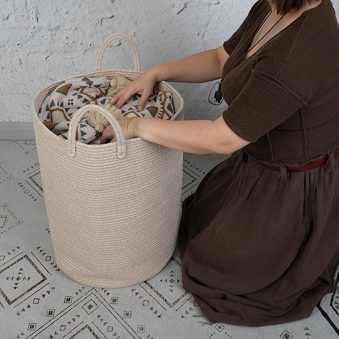 XUANGUO Cotton Rope Laundry Basket Hamper for Clothes Large Oatmeal | Baby Nursery Hamper Bin and Woven Storage Basket for Living Room Bedroom Boho Tall Rope Baskets Blankets Toys Pillows Towels