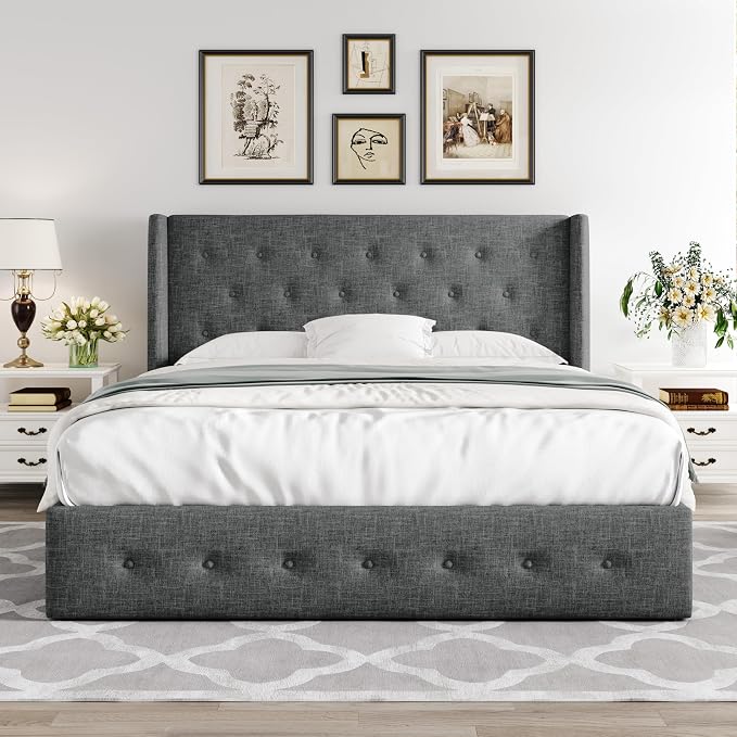 Allewie Full Size Lift Up Storage Button-Tufted Bed Frame Dark Grey | Modern Wingback Headboard, Hydraulic Support Storage, No Box Spring Needed