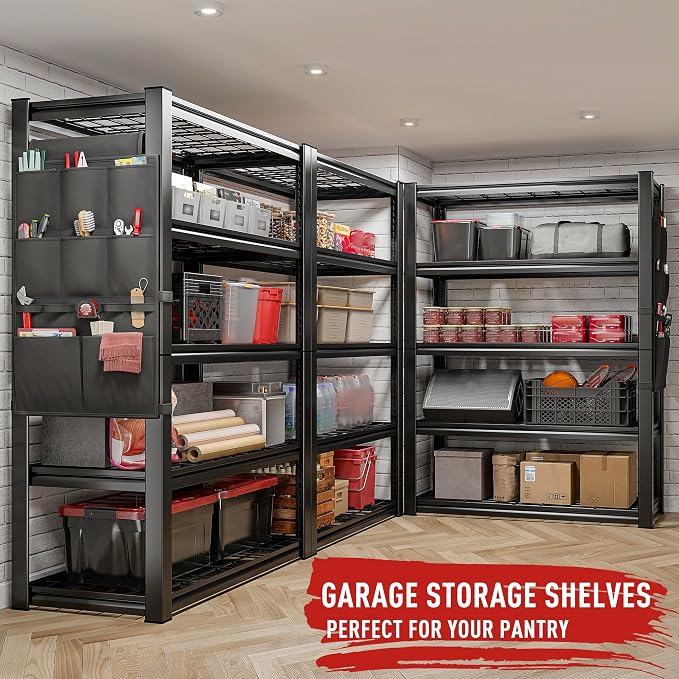 REIBII 37.9" W Storage Shelving with Tool Bag for Garage Workshop Basement | Wire Mesh Panel, Adjustable, Detachable, 5-Tier, Easy Assembly, for Homeowner and DIYer, 66.1" H x 37.9" W x 15.8" D, 2000Lbs