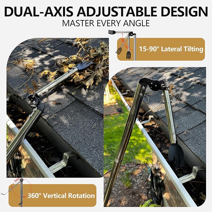 Gutter Cleaning Tools from the Ground, 8.5 FT Dual-Axis Spring Steel Gutter Cleaner, Adjustable Length Gutter Cleaning Pole with Gutter Rake for Leaves, Muck and Roof Debris | Dual-Axis Angle Adjustment