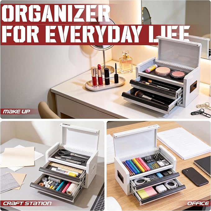 Mini Toolbox with 2 Drawers and Top Storage, Durable Steel Construction with Ball-Bearing Slides, Multi-Purpose Portable Tool Boxes Case Organizer for Garage, White