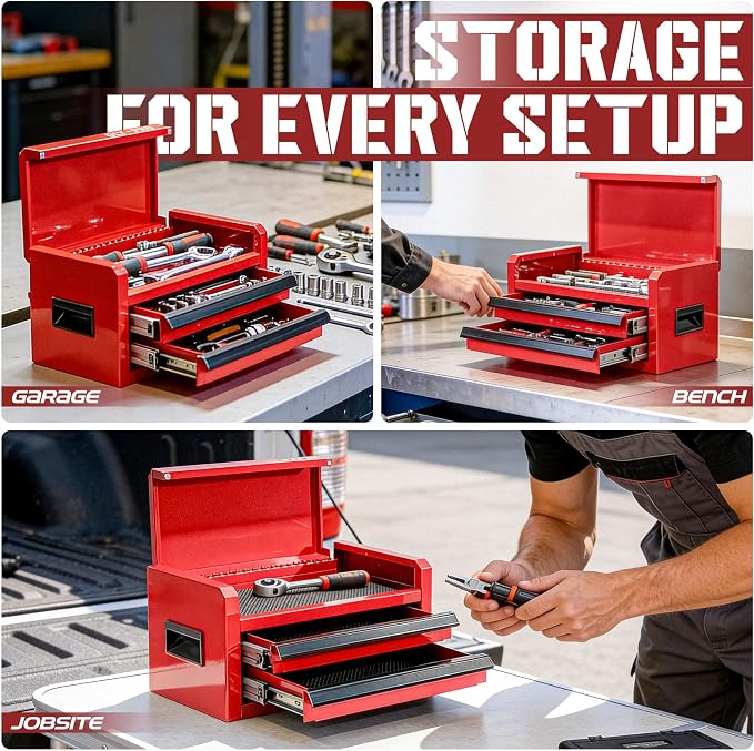 Mini Toolbox with 2 Drawers and Top Storage, Durable Steel Construction with Ball-Bearing Slides, Multi-Purpose Portable Tool Boxes Case Organizer for Garage, Red
