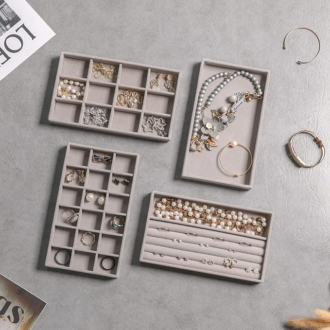 Frebeauty Jewelry Trays for Drawer,Set of 6 Jewelry Organizer and Storage | Velvet Material,Earring Holder Organizer,Stackable Jewelry Display for Vanity,Drawer Inserts for Rings,Studs,8.3×4.9 inch