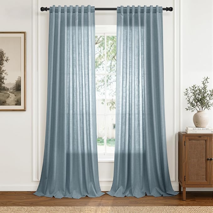 Hokibero Blue Linen Curtains 96 Inches Long Drape for Living Room 2 Panels | Light Filtering Sheer Curtain, Back Tab Rod Pocket Pleated Look, Dusty Blue Privacy Drapes for Bedroom Window, Boho Farmhouse