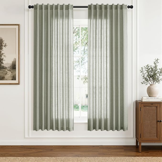 Hokibero Sage Green Linen Curtains 72 Inches Long Drapes for Living Room | Light Filtering Sheer Curtain 2 Panels, Back Tab Pocket Pleated Look, Green Privacy Drape for Bedroom Window, Boho Farmhouse