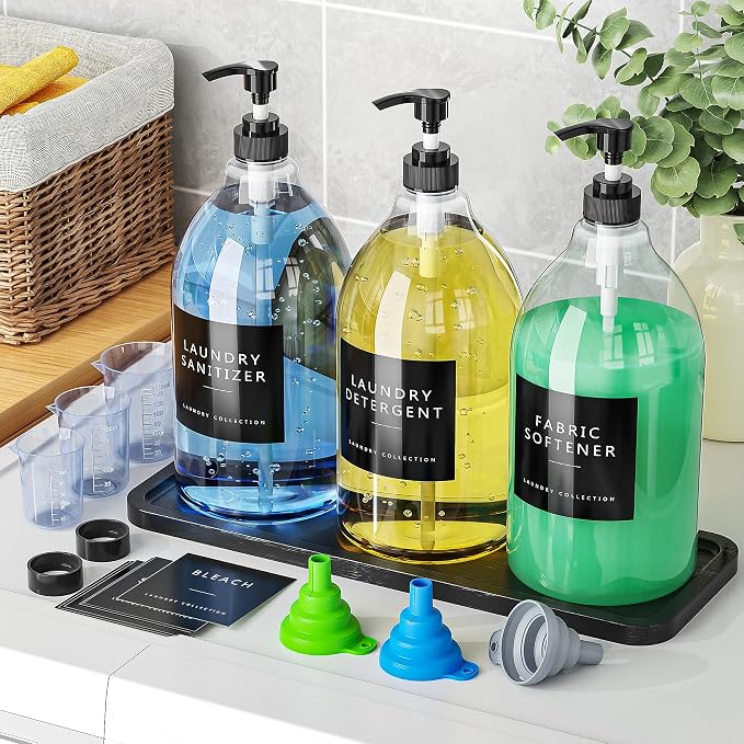 Moforoco 3 Pack Black Liquid Laundry Detergent Dispenser with Bamboo Tray, 64 Oz Plastic Laundry Soap Dispenser, Fabric Softener Dispenser with Pump and Labels for Laundry Room Decor and Organization