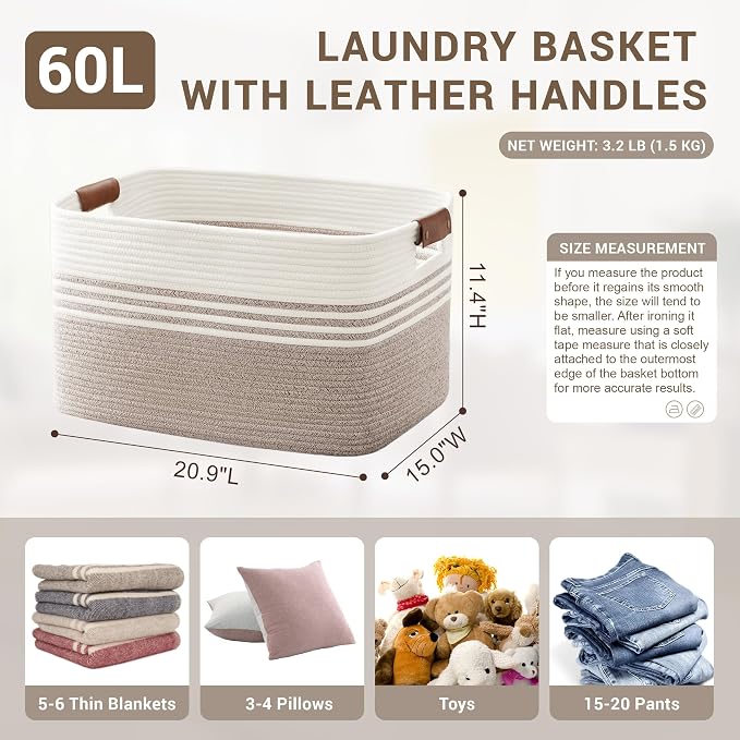 60L Woven Laundry Basket Hamper with Leather Handles,Brown | collapsible wicker hamper, storage for dirty clothes, toys, blankets, gifts, living room, bedroom, bathroom, 21"x15"x11"
