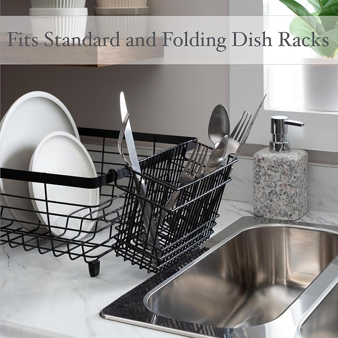Kitchen Details Cutlery Basket | Hanging | Attach to Standard Dish Drying Rack | Utensil Caddy | Vinyl Coated | 3 Compartment | Black