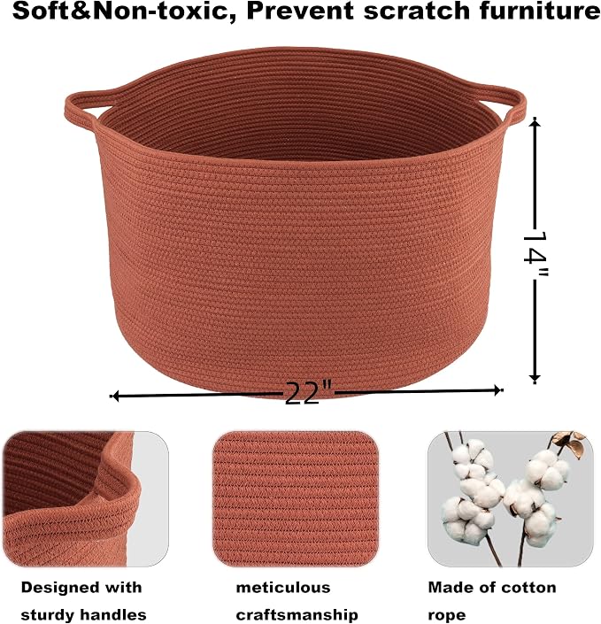 XUANGUO Extra Large Cotton Rope Round Storage Basket 22" x 14" Rustic | Woven basket for blankets, toys, towels, laundry, nursery, living room and pet toy storage.