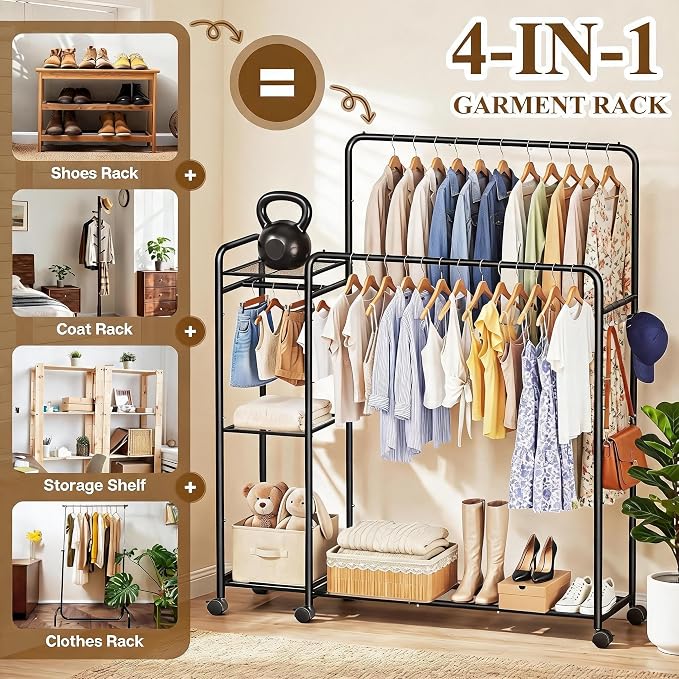 Heavy Duty Clothes Rack with Wheels, Double Rod Clothing Rack with Storage Shelves & Hooks, Rolling Garment Rack and Portable Closet Organizer for Bedroom, Laundry Room, Apartment