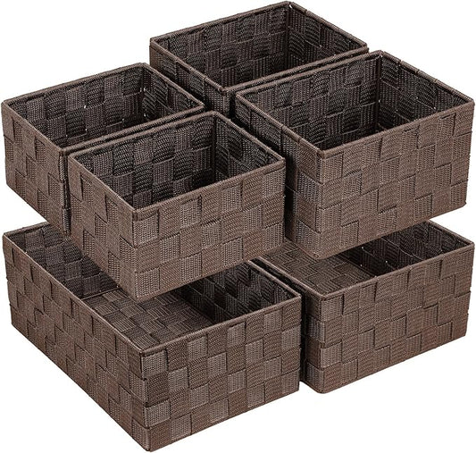 Posprica Woven Storage Baskets for Organizing 6 Pack, Large&Small Storage Cube Bins Set for Bathroom, Storage Boxes Container for Drawer, Closet, Shelf, Dresser, Brown