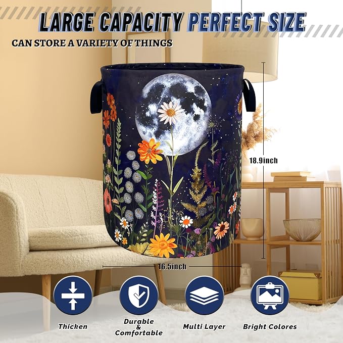 Moon Flowers Laundry Basket Oxford Cloth Hamper18.9"x16.5" | Floral Laundry Hamper With Handle Foldable Clothes Storage Basket Moon Laundry Bag For Laundry Room/Bedroom/Bathrooms