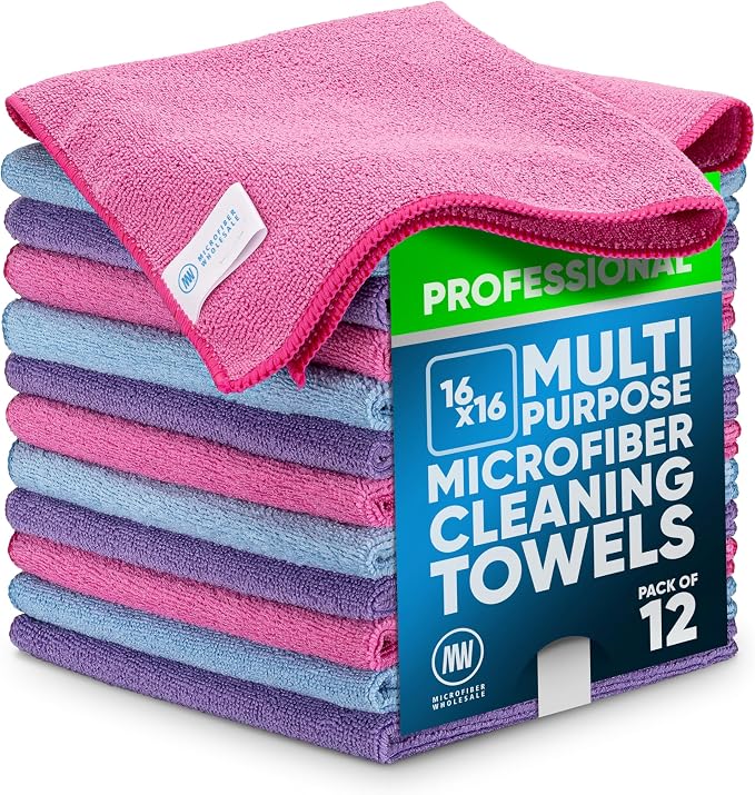 MW Pro Microfiber Cleaning Cloth |Pink, Purple, Blue (12 Pack) | Size 16" x 16" Multi Surface Microfiber Towels