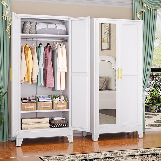 GAIOUS Metal Wardrobe Cabinet with Mirror and Hanging Rod, 71" White | Clothing Storage Cabinets with 2 Doors and Adjustable Shelves, Armoire Wardrobe Closet for Bedroom, Laundry Room, Cloak Room