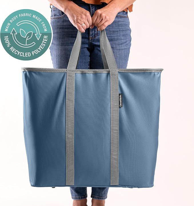 CleverMade Collapsible Laundry Caddy, 64L, 2 Pack, Denim Gray | A reinforced rim and base keep it upright for loading. Comfortable handles move up to 2 full loads, then it folds flat.