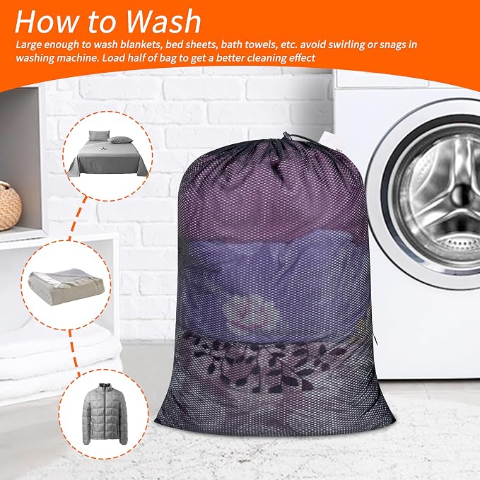2 Pack Heavy Duty Diamond Mesh Laundry Bag, 24x36", Black | Drawstring & ID Tag, Breathable Mesh, Machine Washable, Commercial Grade, , For College Dorms, Travel, Sports Equipment