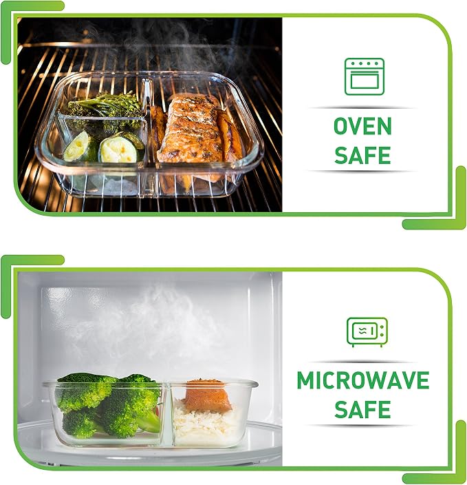PrepNaturals 4 Pack 34 Oz Glass Meal Prep Containers - Dishwasher Microwave Freezer Oven Safe - Glass Storage Containers with Lids (Multi-Compartment)