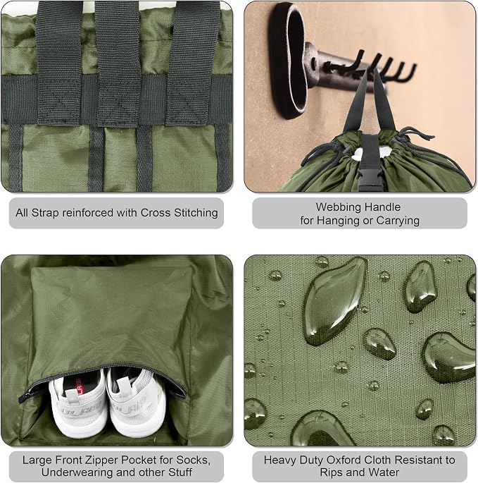 BeeGreen Moss Green Laundry Backpack Bag w Adjustable Shoulder Straps String Closure College Dorm Room Essentials Sturdy Laundry Hamper Portable w Handle XLarge Ripstop for Traveling