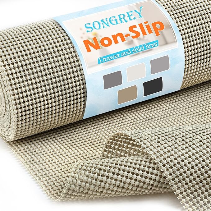 Songrey Non-Slip Shelf Cabinet and Drawer Liner, 23.6IN x 20FT, Beige | No Adhesive Residue, Strong Grip, Thick PVC Mat, for Kitchen Shelves, Bathroom Drawers, Home Essentials, Snip to Fit
