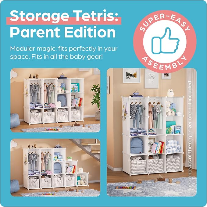 CUBEDIY Baby Closet Organizer for Nursery: Durable Baby Wardrobe for Closet - Customizable Baby Dresser Amoire Shelves - Waterproof Shelf Clothes Organizer w/Wall Fixation (White)