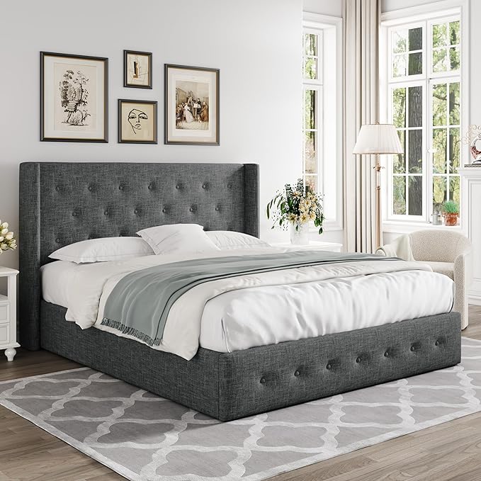 Allewie Queen Size Lift Up Storage Button-Tufted Bed Frame Dark Grey | Modern Wingback Headboard, Hydraulic Support Storage, No Box Spring Needed