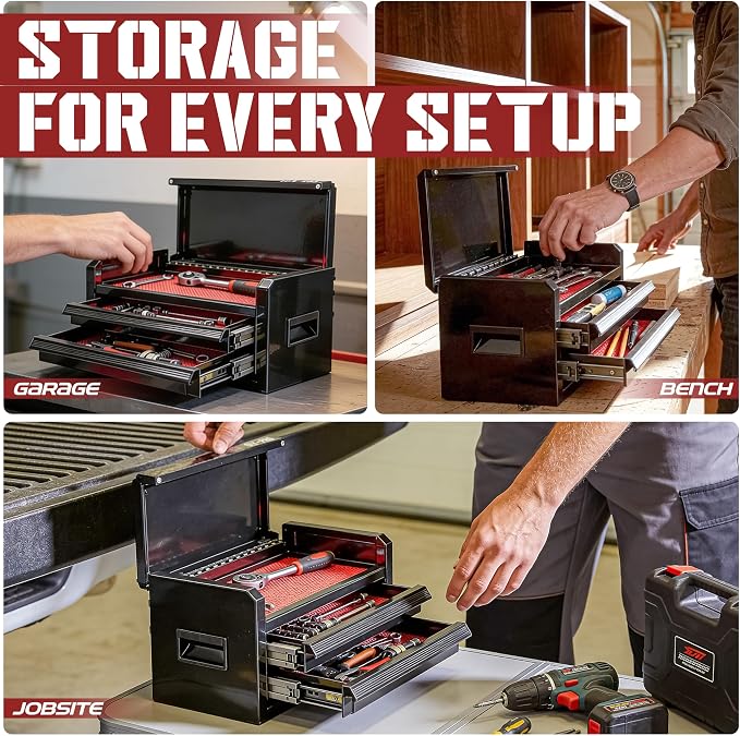 Mini Toolbox with 2 Drawers and Top Storage, Durable Tool Box Steel Construction with Ball-Bearing Slides, Multi-Purpose Portable Tool Boxes Case Organizer for Garage, Black