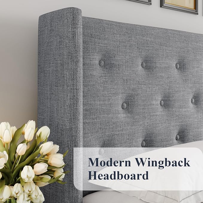 Allewie King Size Lift Up Storage Button-Tufted Bed Frame Light Grey | Modern Wingback Headboard, Hydraulic Support Storage, No Box Spring Needed