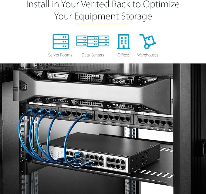 StarTech 2-Pack 1U Vented Rack Shelf, 10in, 44lb (CABSHELFV1U-2PK) | 19in network rack or cabinet fit, 20kg per shelf, 25cm deep, SPCC cold-rolled steel, Rackmount tray