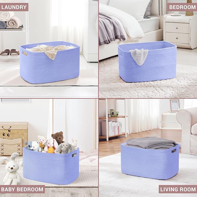 60L Woven Laundry Basket Hamper with Handles, Blue Purple | collapsible wicker hamper, storage for dirty clothes, toys, blankets, gifts, living room, bedroom, bathroom, 21"x15"x11"