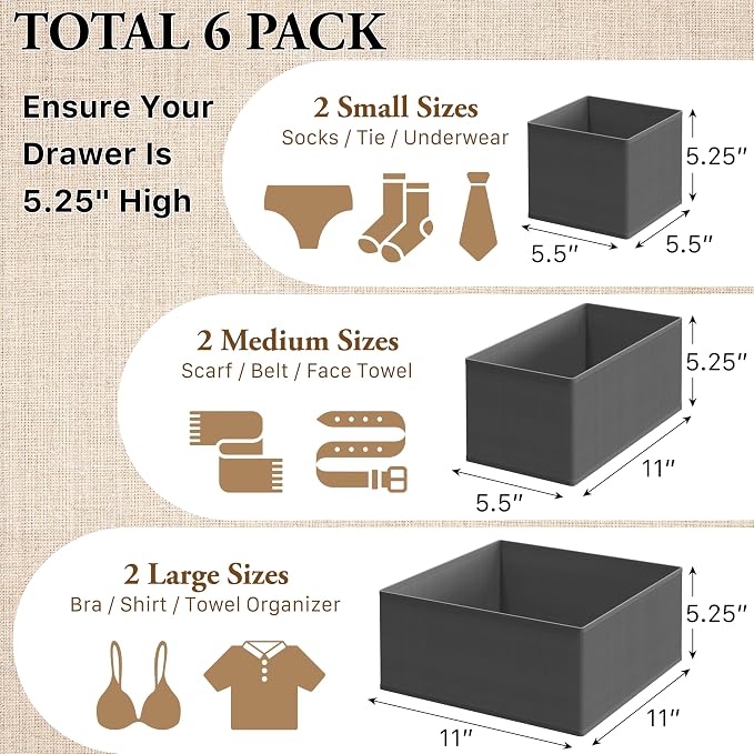 Simple Houseware Underwear Drawer Organizer, Set of 6, Dark Gray | for Lingerie/Undergarment/Bra/Panty/Sock/Onesie
