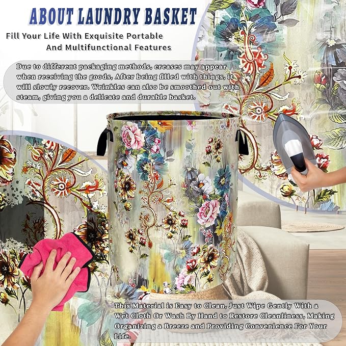 Beautiful Floral Laundry Basket Oxford Cloth Hamper 18.9"x16.5" | Colorful Flower Laundry Hamper With Handle Foldable Clothes Storage Funny Laundry Bag For Laundry Room/Bedroom/Bathrooms