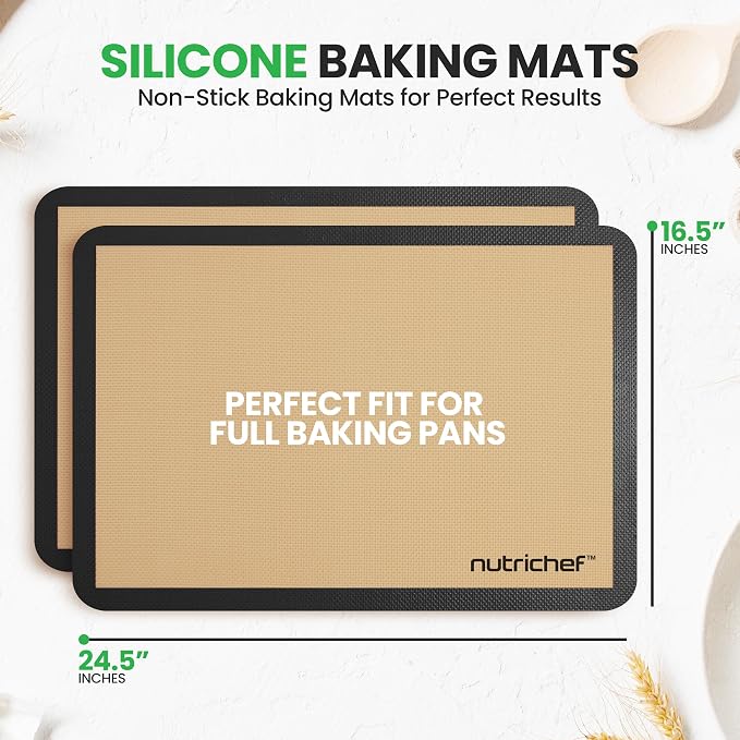 Nutrichef Silicone Baking Mats | 2 Non-stick Food-Grade Silicone Mats | Perfect for Full Baking Pans 24.4 x 16.5 IN | Oven-safe Up to 480 Degrees F | Suitable for Ovens, Freezers & Dishwashers | Black