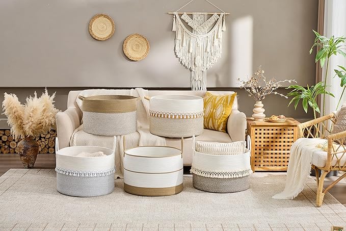 KAKAMAY Large Blanket Basket with Handles, Storage Basket for Living Room | Extra Large Capacity | Natural Cotton Rope | Blanket Storage | Woven Storage Basket | Stuffed Animal Storage | Laundry Basket